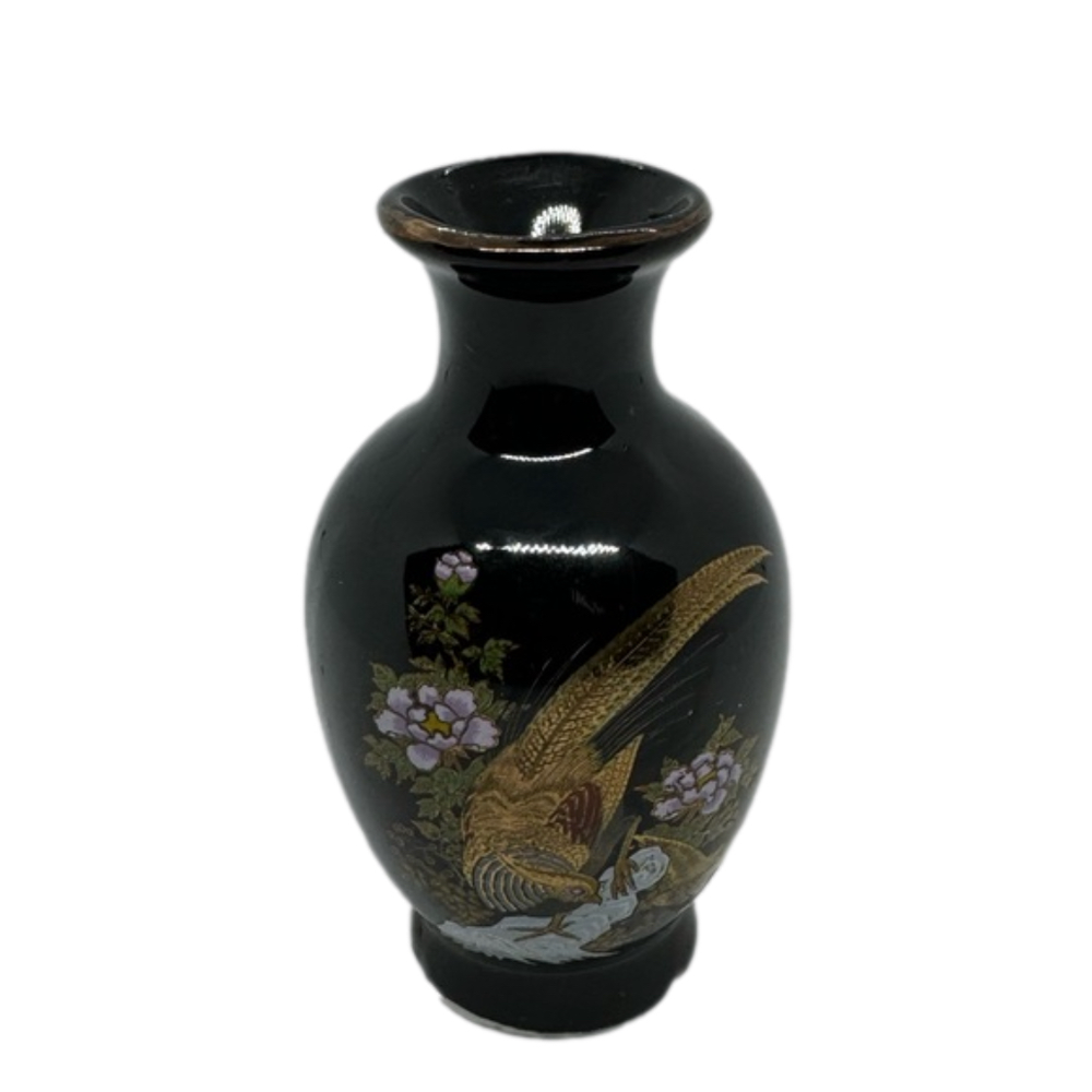 Vintage Japanese Set of 3 Black & Gold Assorted Vases with Golden Pheasant - Picture 8 of 9